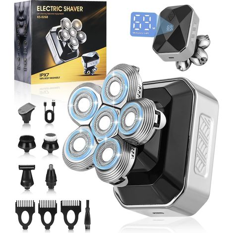Men's Bald Head Shaver, 6D Electric Razor for Men Hair, Electric Razor for Wet and Dry Beards, 5 in 1 Bald Crane Trimmer Rotatable IPX6 Waterproof with LCD Screen (1/5)