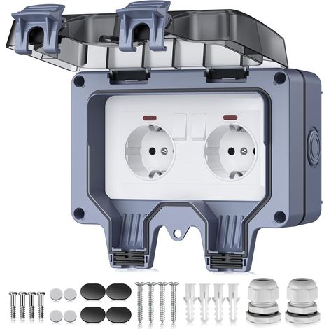 Double Prise Extérieure Étanche IP66 avec Interrupteurs,Prise Schuko Murale avec Couvercle Verrouillable, Boîtier Profond et Protection Enfant pour Jardin,Terrasse et Garage gris (1/5)