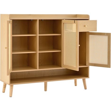 Schuhschrank aus natürlichem Rattan und Spanplatte, 3 Türen, 1 Schublade, 120x106x35 cm (1/5)