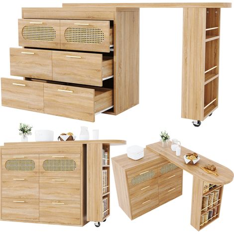 CAIziTable de bar haute avec 6 tiroirs et portes en rotin PE, table haute pivotante à 360° avec dispositif anti-basculement, grand espace de rangement, poignées métalliques, table bistrot pour salon, 