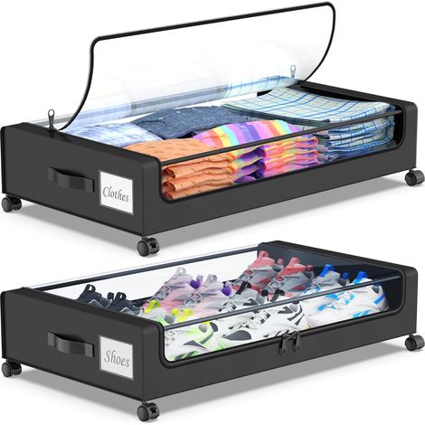Lot de 2 bac de rangement sous le lit avec couvercle transparent, bacs de rangement sous le lit de 35 L, tiroir en métal roulant sous le lit (noir) (1/5)