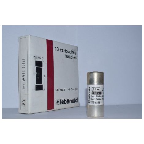 Fusible 12A cartouche 22X58mm gG usage industriel (boite de 10) HPC 120kA 660V avec voyant et percuteur EBENOID 061612 (1/2)