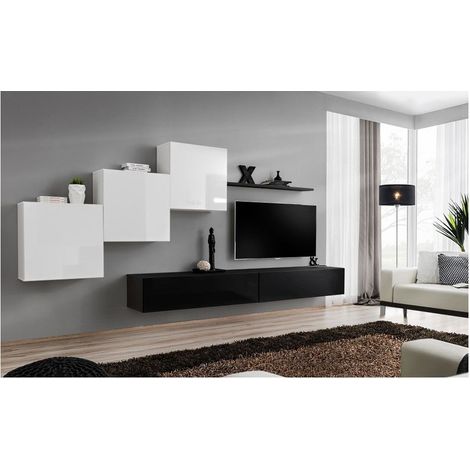 Ensemble meuble TV mural  - Switch X - 330 cm  x 160 cm x 40 cm - Blanc et noir - Livraison gratuite