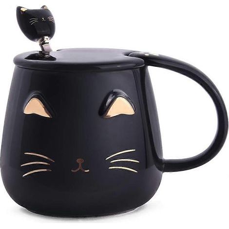 KLVGTIFS PU - Mug Chat Noir, Mug à Café en Céramique Motif Chat Mignon avec Cuillère en Acier Inoxydable, Mug Original pour les Amoureux des Chats (400ml) (1/5)