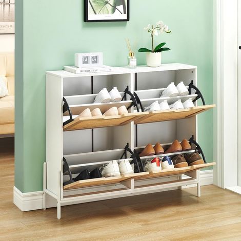 Meuble à chaussures, organiseur de rangement étroit avec 4 tiroirs rabattables en rotin, pieds en métal, meuble d'entrée mince,100 x 24 x 88 cm, blanc et chêne (1/5)