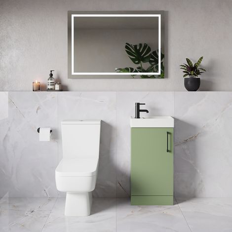 Napoli Cube Olive Green 400mm Single Door Vanity Unit and Toilet Suite with Align Basin - 400mm - Matt Black 160mm Handle