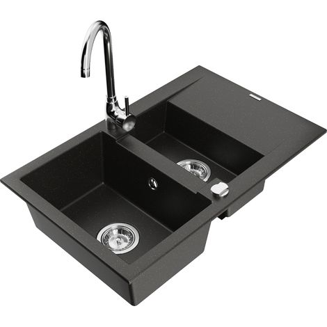 Mexen Gaspar évier en granit 1,5 bac avec égouttoir et robinet de cuisine Telma, noir/doré - 6507-75-670200-00
