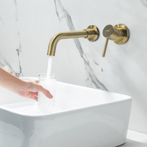 ONECE Grifo de Lavabo Montado en la Pared, Grifo Baño de Pared de Latón, Grifos Mezclador Monomando Lavabo Incorporado, Función Frío y Caliente, Giratorio de 360°, Aireador Extraíble, Dorado (1/5)