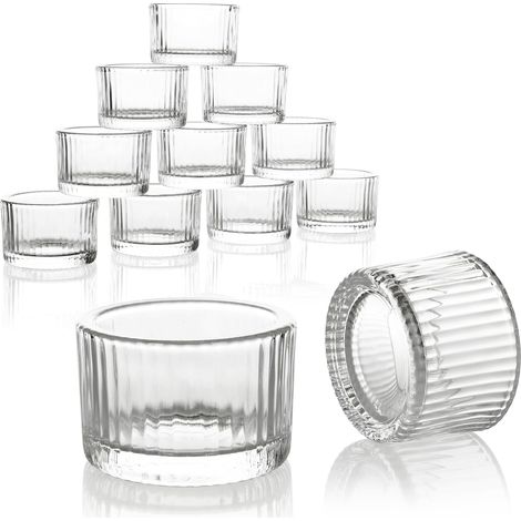 Bicchierini per lumini, confezione da 12, portacandele per decorazione tavola - bicchieri per candele, portacandele decorativi per feste e matrimoni - 5,5 x 3,5 cm, trasparenti, a coste (1/4)
