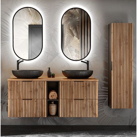 Badezimmer Set Waschtisch 141 cm mit Regal, Hochschrank, LED Spiegel XANTEN-56 in anthrazit mit Eiche Nb. schwarze Rillen, B/H/T: ca. 190/200/46,5 cm (1/5)