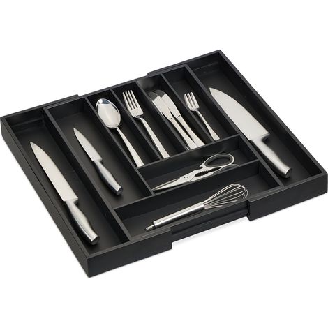 Relaxdays Bac à couverts extensible, bambou, H x L x P : 5 x 33,5-49,5 x 44,5 cm, 7-9 compartiments, pour tiroirs, noir (1/5)