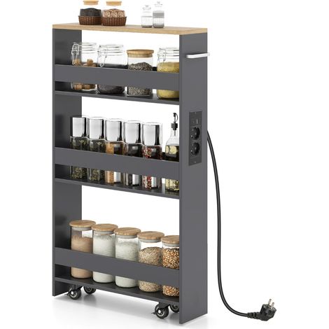 Carrello portaoggetti sottile 47,5 x 13 x 80,5 cm con stazione di ricarica e 4 ripiani di design in legno ingegnerizzato grigio 200018951