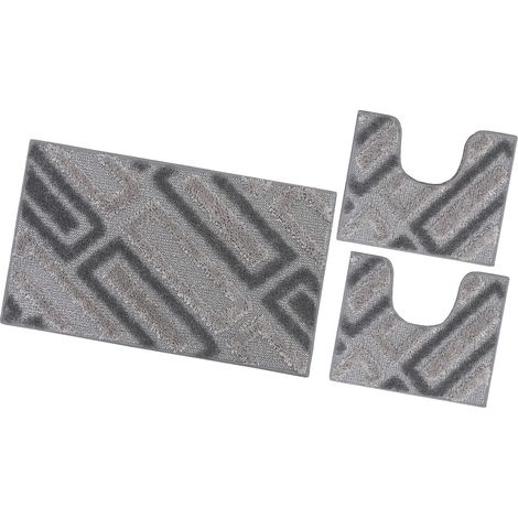 Tappeto Bagno Moderno Parure Set 3 Pezzi Soffice Shaggy Assorbente Antiscivolo Lavabile - Grigio (1/4)