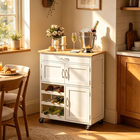 Desserte de buffet 67x37x87cm cuisine à roulettes avec tiroir 2 placards et range bouteilles meuble gain de place blanc bois naturel (1/5)