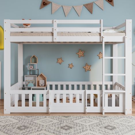 Lit superposé, lit en bois, pin + LVL, avec escalier droit, avec garde-corps et porte, avec protection anti-chute, espace libre sous le lit, blanc, 90 x 200 cm (1/5)