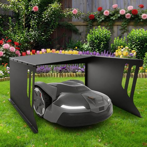 Garage pour Robot Tondeuse, 78x61x31 cm Abri de Voiture, Toit pour Robot Tondeuse, Garage, Maison de Pluie pour Robot Tondeuse avec Barre de Support, Protection UV, Noir
