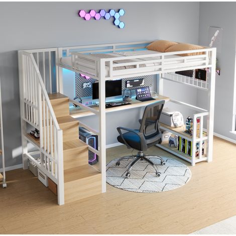 Hochbett, 90 x 200 cm, Eisenrahmen, Lagerregal, Hängendes Gitter, LED-Lichtleiste, Schreibtisch, Treppenkonstruktionen mit Stauraum,mit 2 USB-Anschlüssen und 1 Typ-C-Buchse, Ohne Matratze, Weiß (1/5)