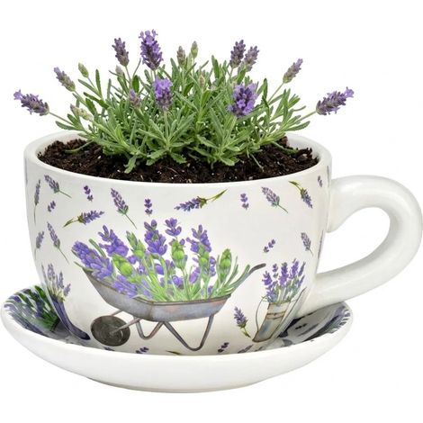 Vase ou pot de fleurs en forme de tasse décor lavande 23 x 25 cm (1/3)