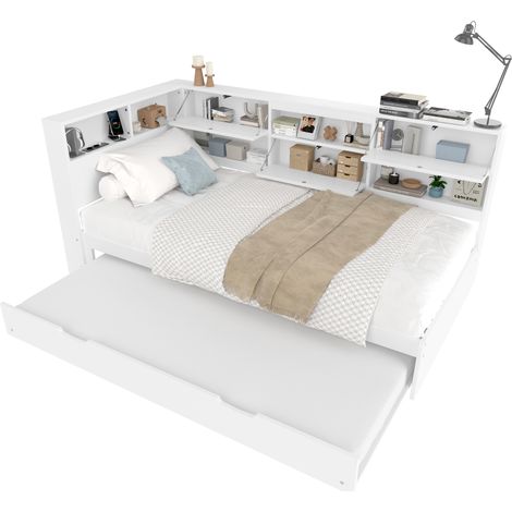 Lit banquette en pin blanc 90x200 cm avec rangement en tête de lit, lit gigogne et ports USB/Type-C (1/5)