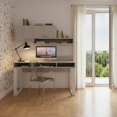 Scrivania con pensili design moderno e libreria sospesa - Angolo studio completo - Rovere rock