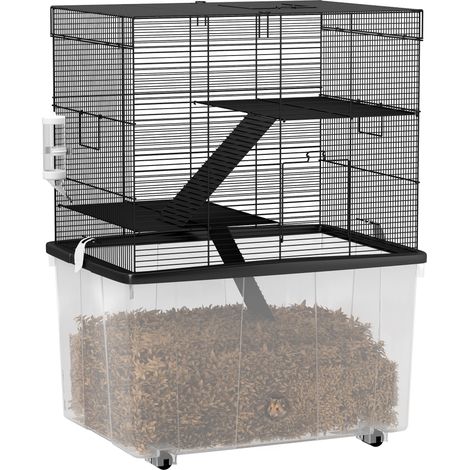 Cage à hamster à trois niveaux avec roues, deux plateformes, rampe, gamelle et biberon. Dimensions : 58 x 43 x 74 cm. Noire.