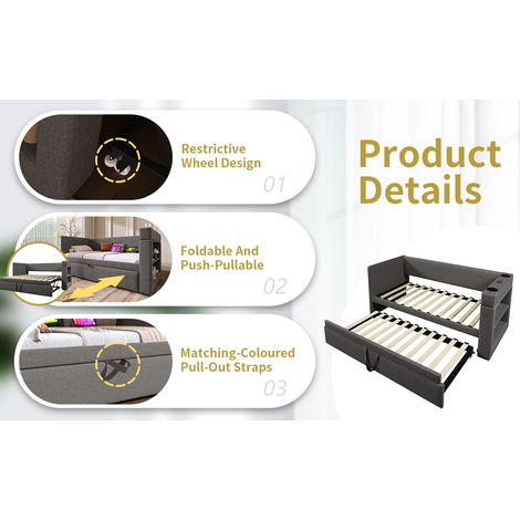 Sofá cama 90x190 cm de tejido gris con cama nido y USB, ahorra espacio, sin colchón – MEUBLIV (1/5)