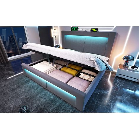 letto contenitore 140x200 LED USB-C velluto grigio smart HAVRYA (1/5)
