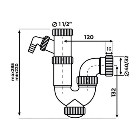 Sifone curvo estensibile con uscita orizzontale, presa ausiliaria da 40 mm (1/5)