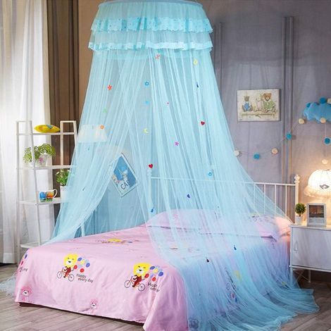 Ciel de lit moustiquaire pour lit, filet en dentelle avec dentelle élégante à volants pour filles et bébés (bleu) (1/5)