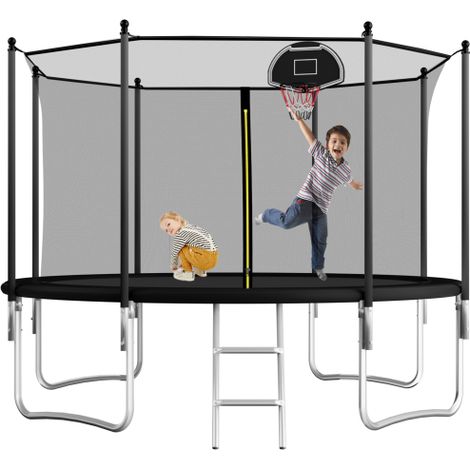 12FT Outdoor Trampoline with Safety Net and Ladder, Basketball Hoop for Kids and Adults, Supports up to 150kg, Black