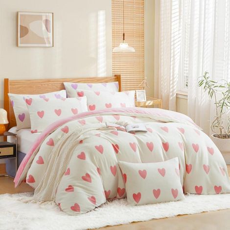 Bettwäsche-Set 200x200 cm Weiß mit Rosa Herzen, Wendefunktion, Fleece Biber, 3-teilig
