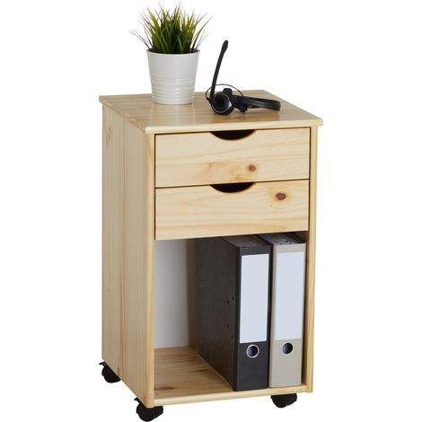 Idimex – Caisson de bureau sur roulettes – 2 tiroirs en pin massif naturel – Dimensions tiroirs 31x10x33cm – Niche 31x44x33cm