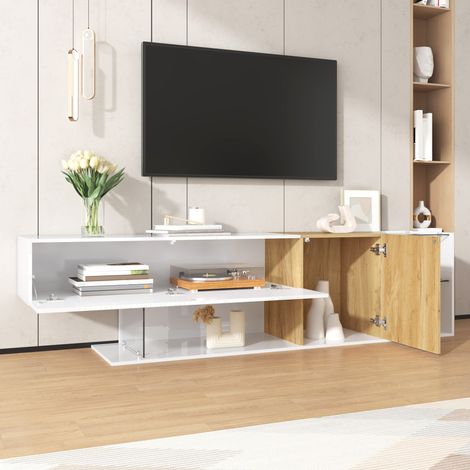 Meuble TV, en bois et verre, avec étagères, blanc, 180 cm, pour salon, étagères verre, grand rangement, design moderne