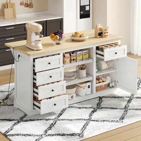 Credenza 150x65x75.5 cm, con piano ribaltabile, 5 cassetti, prese integrate, MDF, bianco naturale (1/5)