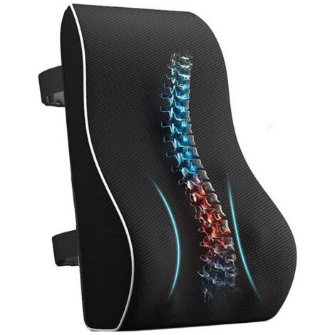 Coussin lombaire ergonomique, support dorsal en mousse à mémoire de forme pour siège auto ou chaise de bureau, support dorsal avec revêtement antistatique et doubles sangles réglables, noir (1/4)