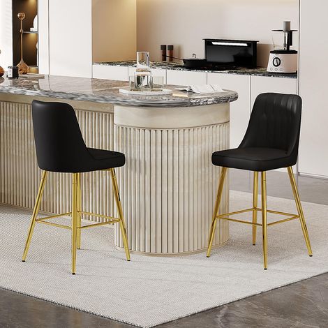 Bar à domicile : lot de 2 tabourets de bar, hauteur 100 cm, repose-pieds, métal doré et cuir PU noir (1/5)