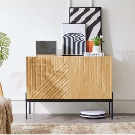 Sideboard aus Spanplatte in Natur mit 2 Türen, verstellbarem Einlegeboden und Metallbeinen 100x40x75 cm (1/5)