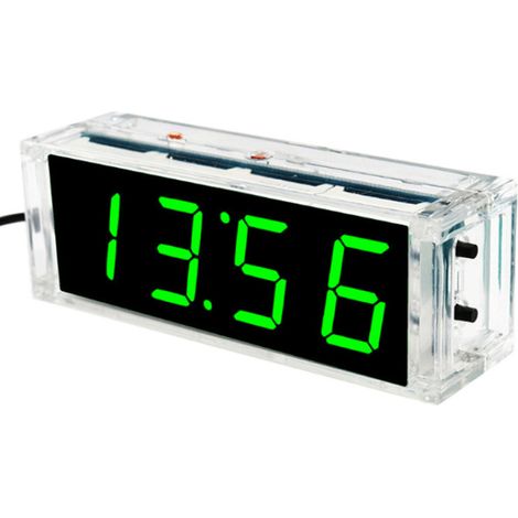 Kit compacto para montar uno mismo: un reloj digital LED de 4 dígitos con control de brillo, visualización de temperatura, fecha y hora, y carcasa transparente. (1/5)