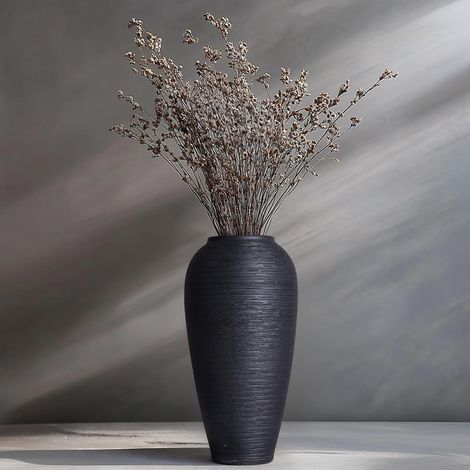 Vase en céramique rustique, vase noir de style ferme de 34 cm, grands vases vintage, vases décoratifs en terre cuite moderne pour décoration intérieure, salon, entrée, centres de table, cuisine (1/5)