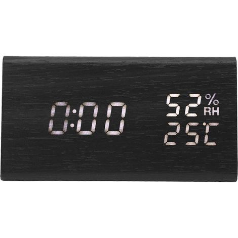 Réveil numérique en bois avec affichage LED, alarme de température et d'humidité, idéal pour la table de chevet, la chambre à coucher, le dortoir et le bureau. (1/5)