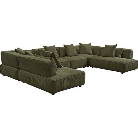 Canapé d'angle panoramique modulable en tissu bouclette vert kaki LELACO (1/5)