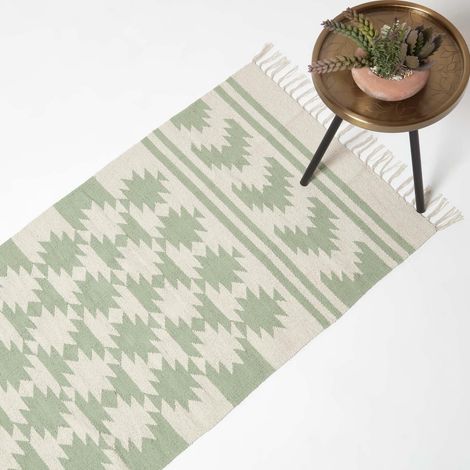 HOMESCAPES Turin Green & Natural Kilim Cotton Hallway Runner Rug, 66 x 200 cm (1/5)