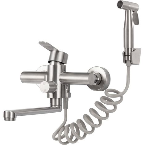 Grifo mezclador de cocina mural, caño giratorio de 360°, pistola rociadora de acero inoxidable, tubo giratorio de 23 cm, ahorrador de agua, fregadero (1/5)
