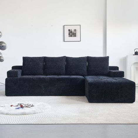 Divano moderno a L in ciniglia con chaise longue reversibile, design minimalista, vano portaoggetti laterale, due portabicchieri, comoda posizione di seduta per soggiorno e appartamento – non richiede (1/5)