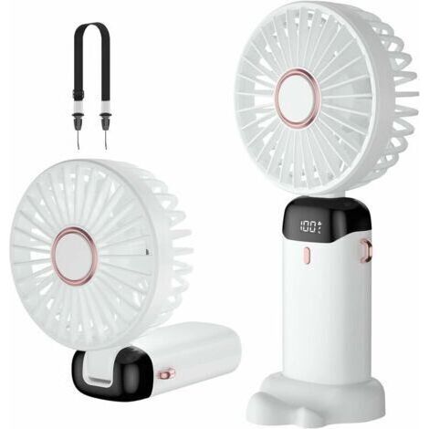 BUNTHAUS Ventilateur portatif, mini ventilateur portable rechargeable par USB, petit ventilateur de poche 5 vitesses avec base-blanc, batterie 4200 mAh Ventilateur de bureau pliable pour bureau, extér