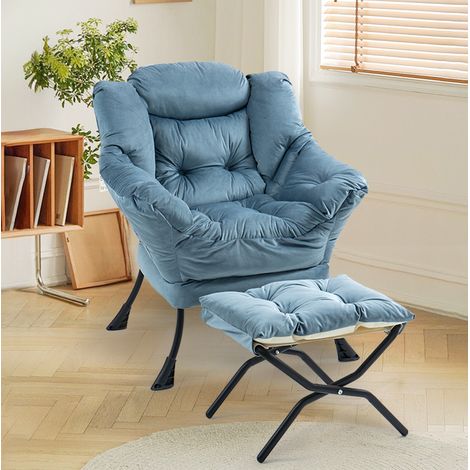 Sillón relax azul claro con reposapiés plegable y bolsillo lateral, estructura metálica, MEUBLIV (1/5)