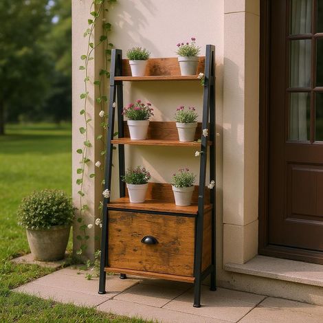 Étagère à plantes style échelle 42 x 29 x 110 cm, 4 niveaux, tiroir en tissu, plaques de bois de 12 mm et cadre en métal de 20 mm, paroi arrière de 7,5 cm, support de plantes d'extérieur (1/4)