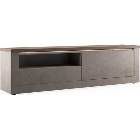 Meuble TV 2 portes aspect minéral bronze plateau bois Mercure avec LED - ISALIA BRONZE