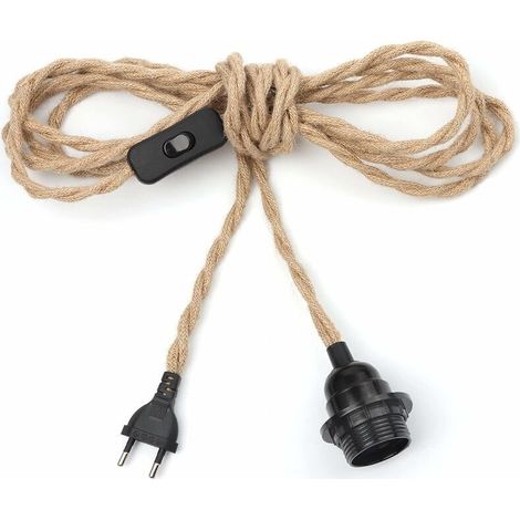 Lustre Corde de Chanvre Câble 4.5m, Douille E27 Interrupteur Fil Cable, Pour DIY Lampe Suspension Lumière Pendante Industrielle Lustre Douille Fil Electrique Vintage (Ampoule non incluse) (1/5)