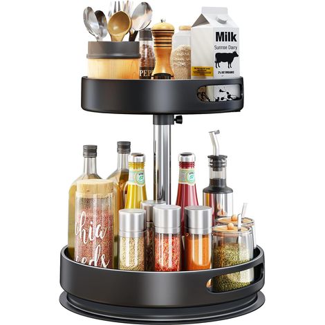 1 Organisateur à épices, étagère réglable 2 niveaux, support rotatif 360°, acier carbone, pour cuisine placard (1/5)